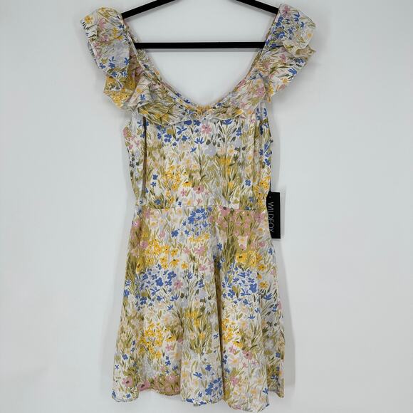 Wildfox Blair Deep V Ruffle Shoulder Painted Flower Fields Womens Mini Dress New - Picture 7 of 11